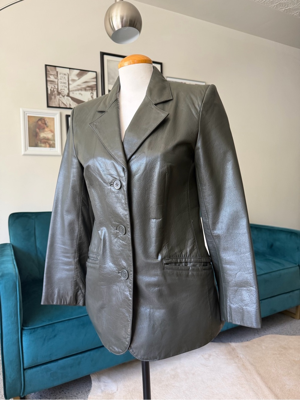 Classic Vintage Women's Leather Blazer Jacket - Olive